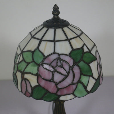 Traditional Tiffany Rose Flower Stained Glass Shade Zinc Alloy Base 1-Light Table Lamp For Study