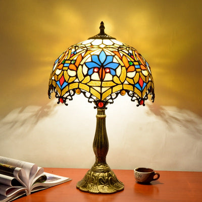 Traditional Tiffany Flower Gemstone Stained Glass 1-Light Table Lamp For Living Room