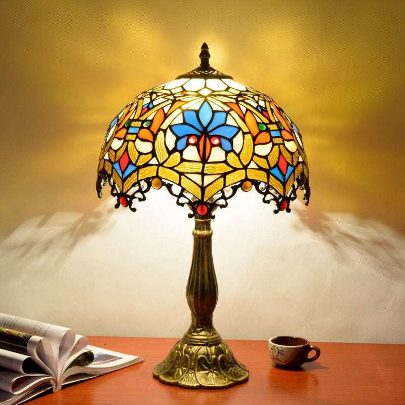 Traditional Tiffany Flower Gemstone Stained Glass 1-Light Table Lamp For Living Room