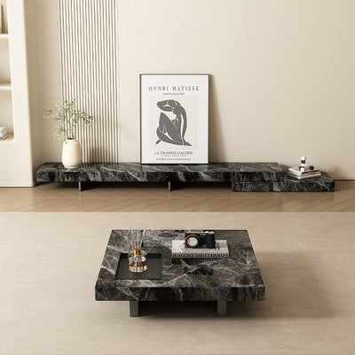 Modern Simplicity Square Slate Stainless Steel Wood Coffee Table 1-Tray For Living Room