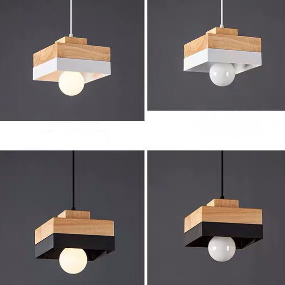 Modern Minimalist Macaron Square Iron Wood 1-Light Pendant Light For Living Room