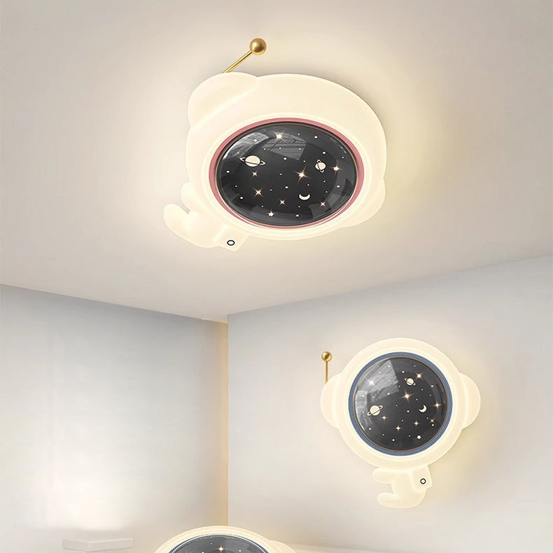 Modern Art Deco Kids Iron PE Astronaut Round LED Flush Mount Ceiling Light For Bedroom