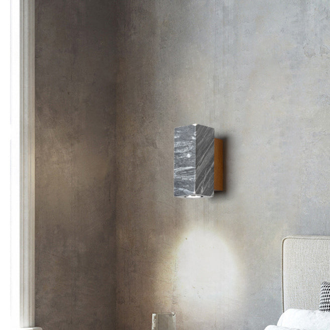 Modern Minimalist Stone Wood Cylinder Square 1-Light Wall Sconce Lamp For Bedroom