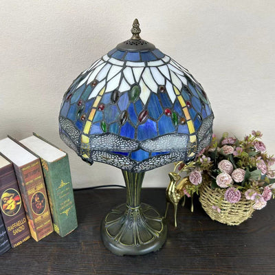 Traditional Tiffany Round Dome Flower Alloy Stained Glass 1-Light Table Lamp For Living Room