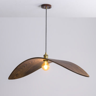 Traditional Japanese Arc Walnut Wood Grain Leaf-Shaped 1-Light Pendant Light For Dining Room