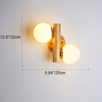 Modern Minimalist Cylinder Orb Wood Hardware Glass 2-Light Wall Sconce Lamp For Bedroom