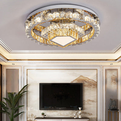 Modern Luxury Round Iron Crystal LED Flush Mount Ceiling Light For Living Room