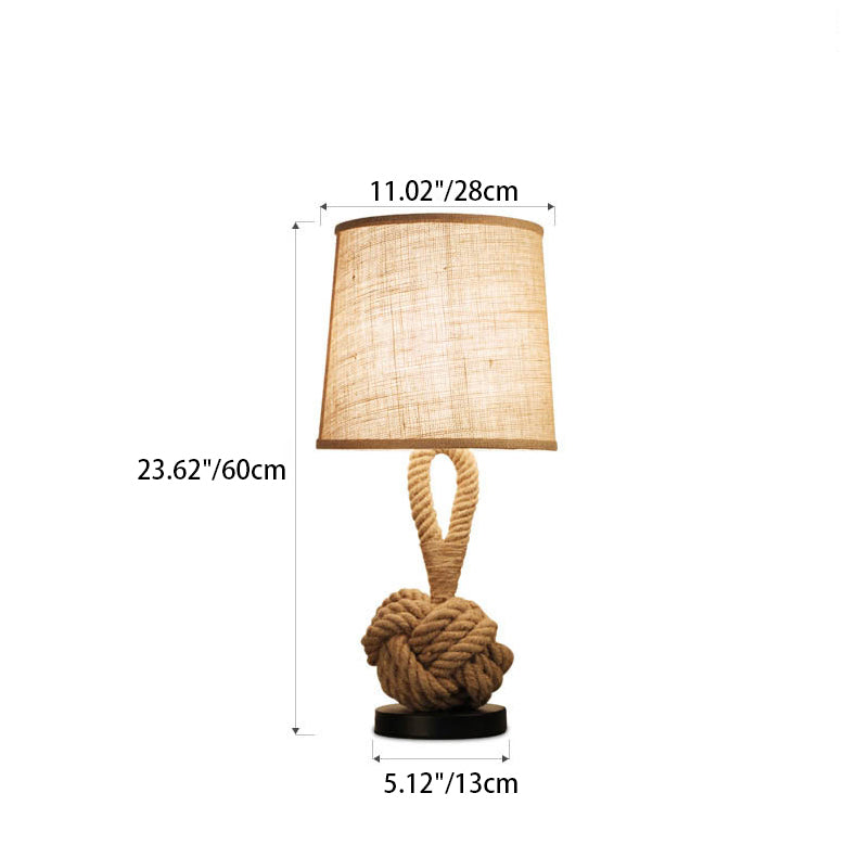 Traditional Rustic Round Iron Hemp Rope Linen 1-Light Table Lamp For Bedroom