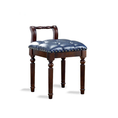 Traditional European Square Tufted Leather Upholstered Vanity Stool Low Back For Bedroom