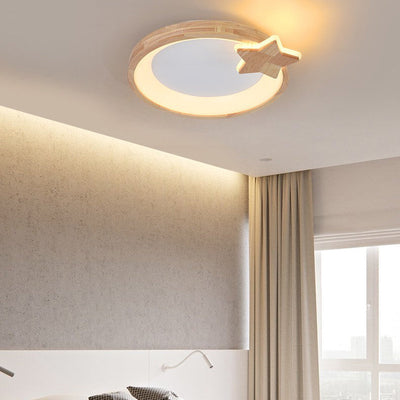 Modern Minimalist Round Star Wood Grain Acrylic LED Flush Mount Ceiling Light For Bedroom