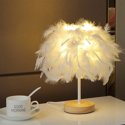 Modern Art Deco Feather Weaving Wood Base USB Rechargeable LED Table Lamp For Bedroom