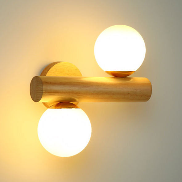 Contemporary Scandinavian Cylinder Orb Rubberwood Glass 2-Light Wall Sconce Lamp For Bedroom