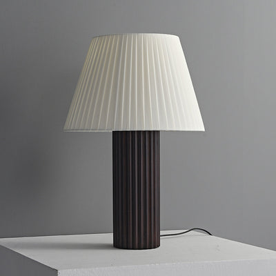 Contemporary Retro Cylinder Pleated Wood Fabric Brass 1-Light Table Lamp For Bedside