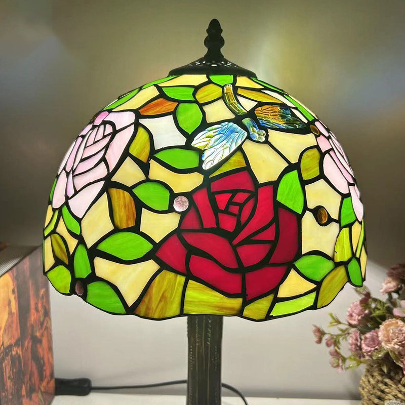 Traditional Tiffany Dome Flower Iron Glass 1-Light Table Lamp For Living Room