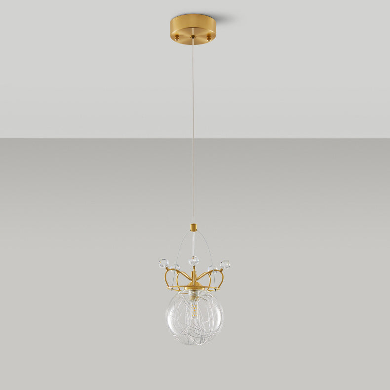 Modern Luxury Crown Orb All Brass Glass 1-Light Pendant Light For Bedroom