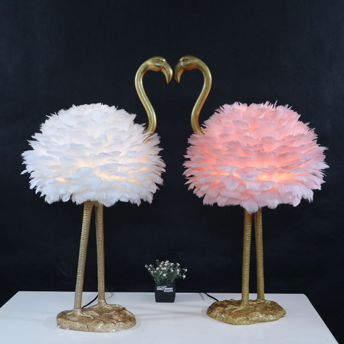 Contemporary Nordic Goose Feather Metal Flamingo Ball 1-Light Table Lamp For Bedside