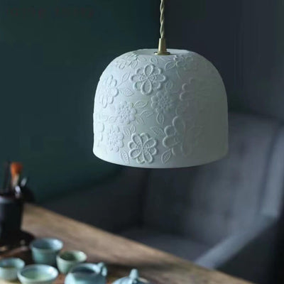 Nordic Vintage Flower Pattern Ceramic Round Drum 1-Light Pendant Light