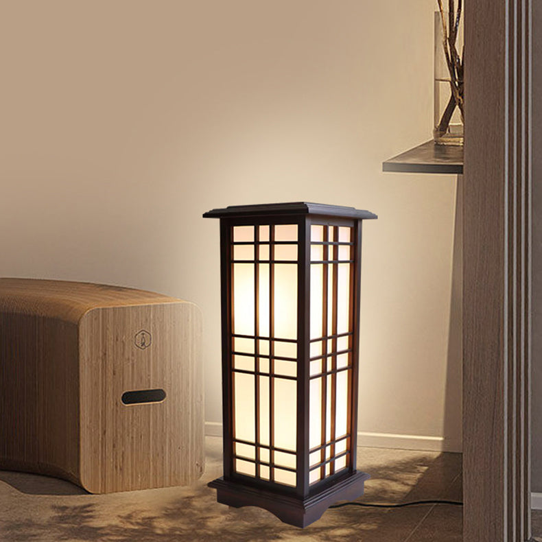 Traditional Chinese Rectangular Parchment Wood 1-Light Standing Floor Lamp For Entertainment Rooms