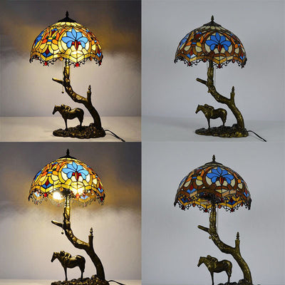 Traditional Tiffany Resin Glass Dome Conic Hemispheric Branch Horse Base 2-Light Table Lamp For Study