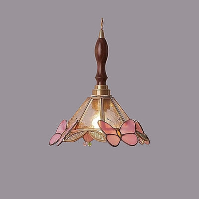 Traditional Japanese Butterfly Glass Conical 1-Light Pendant Light For Living Room