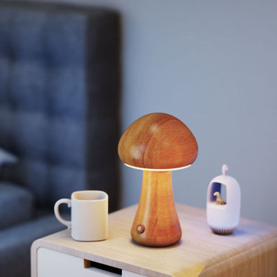 Contemporary Creative Mushroom Rubberwood Beechwood LED Table Lamp For Bedroom