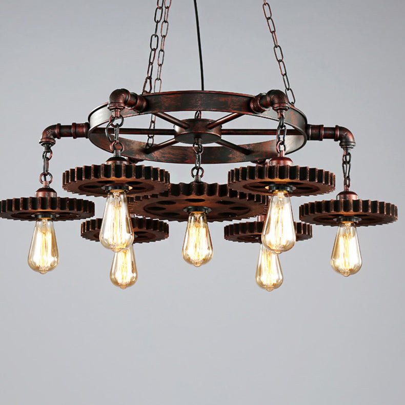 Traditional Vintage Iron Round Frame Gear Design 7-Light Chandelier For Living Room