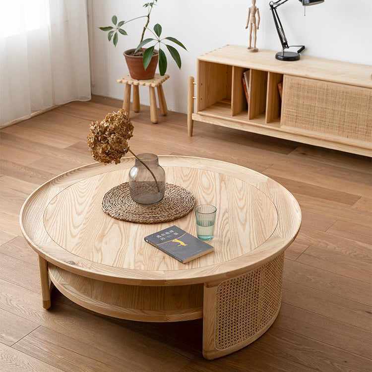 Contemporary Nordic Round Wood Rattan Coffee Table 2-Tier For Living Room