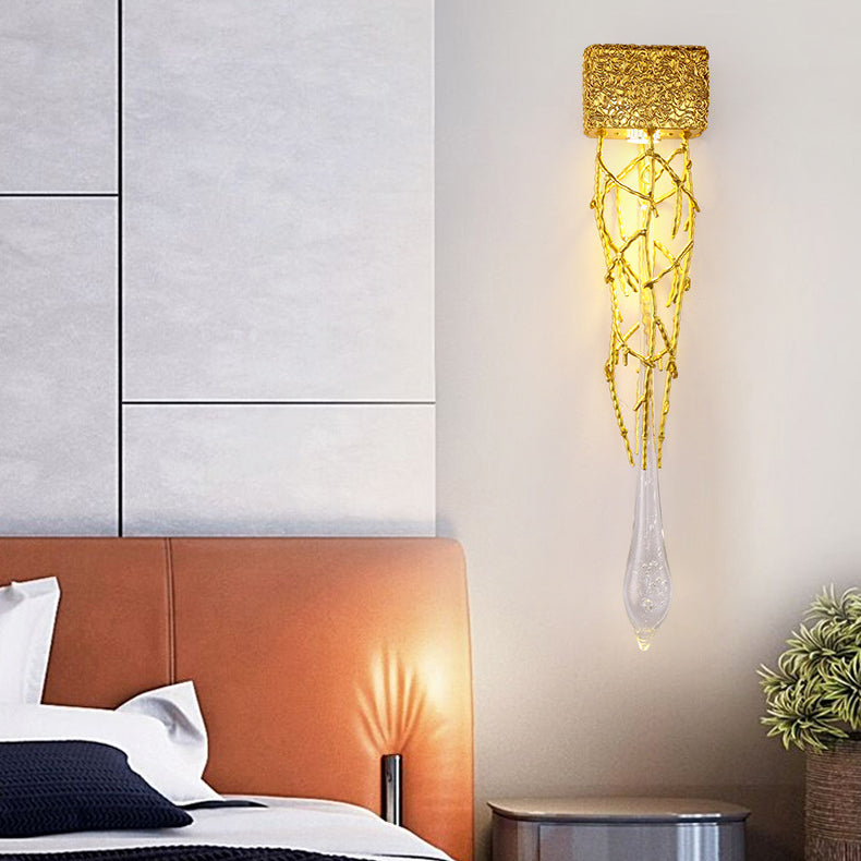 Contemporary Luxury Iron Copper Crystal Branch Drop 1-Light Wall Sconce Lamp For Living Room