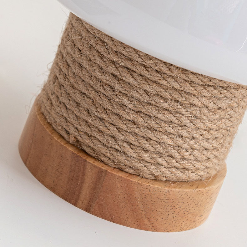 Modern Minimalist Cylinder Mushroom Shape Oak Twine Glass 1-Light Table Lamp For Bedroom