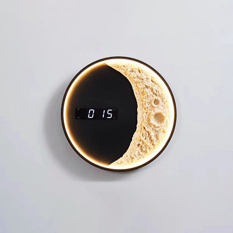 Modern Minimalist Round Moon Astronaut Clock Hardware Aluminium Resin LED Wall Sconce Lamp For Living Room