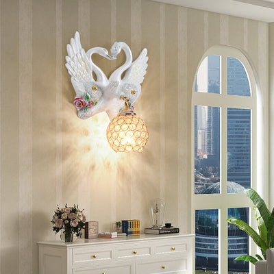 Modern Art Deco Resin Iron Crystal Couple Swan Ball 1-Light Wall Sconce Lamp For Living Room