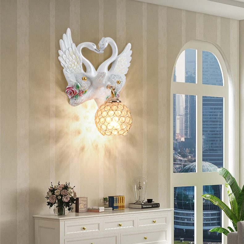 Modern Art Deco Resin Iron Crystal Couple Swan Ball 1-Light Wall Sconce Lamp For Living Room