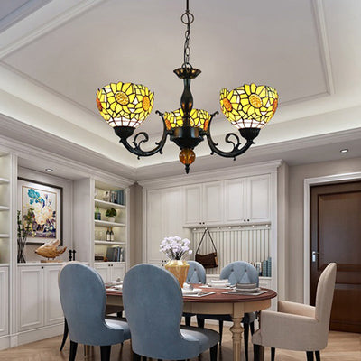 Traditional Tiffany Pastoral Yellow Sun Flower Pattern Stained Glass 3-Light Chandelier For Dining Room