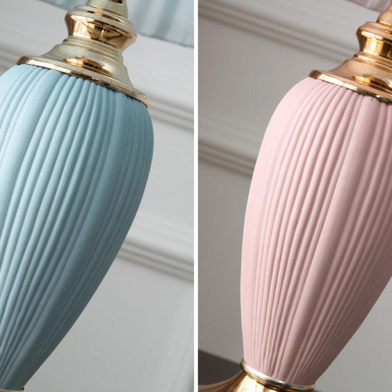 Traditional European Pleated Fabric Shade Ceramic Column Base 1-Light Table Lamp For Bedroom