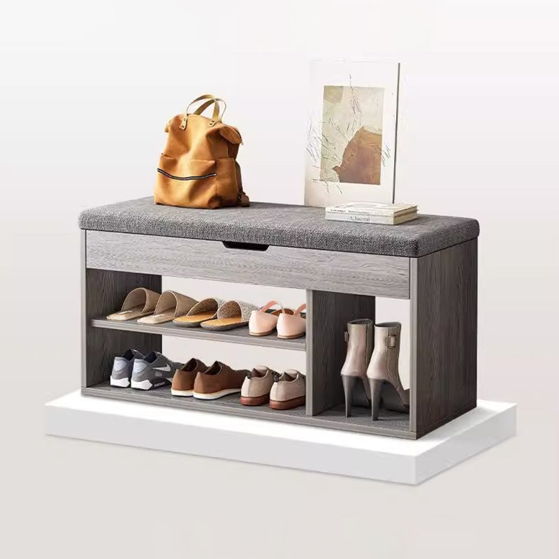 Modern Minimalist Rectangle Fabric PU Leather Wood Shoe Storage 3-Tier For Entryways