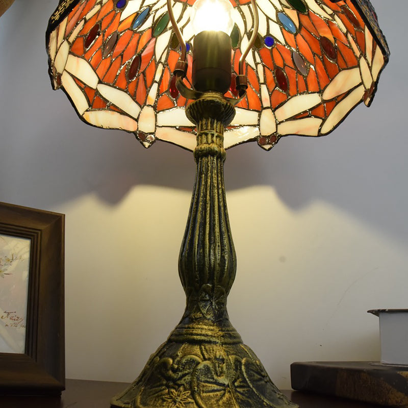 Traditional Tiffany Round Dome Dragonfly Aluminum Stained Glass 1-Light Table Lamp For Bedroom