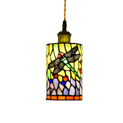 Traditional Tiffany Stained Glass Dragonfly Cylinder 1-Light Pendant Light For Living Room