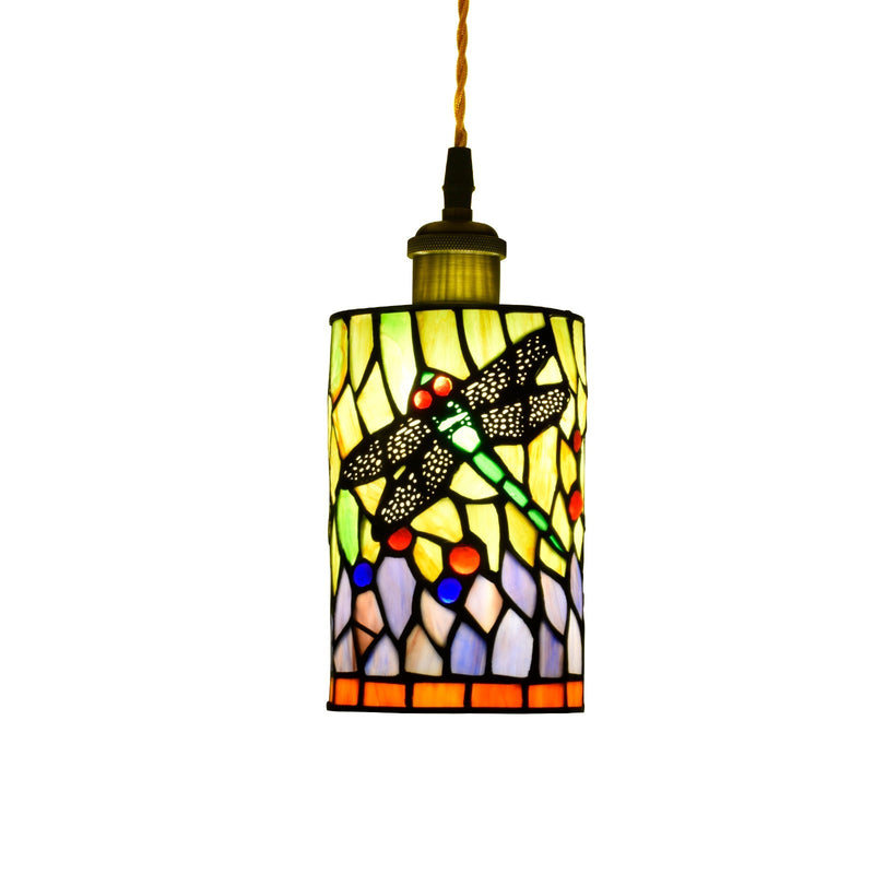 Traditional Tiffany Stained Glass Dragonfly Cylinder 1-Light Pendant Light For Living Room