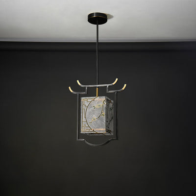 Traditional Chinese Quadrilateral Copper Lucite Enameled 1 Light Pendant Light For Living Room