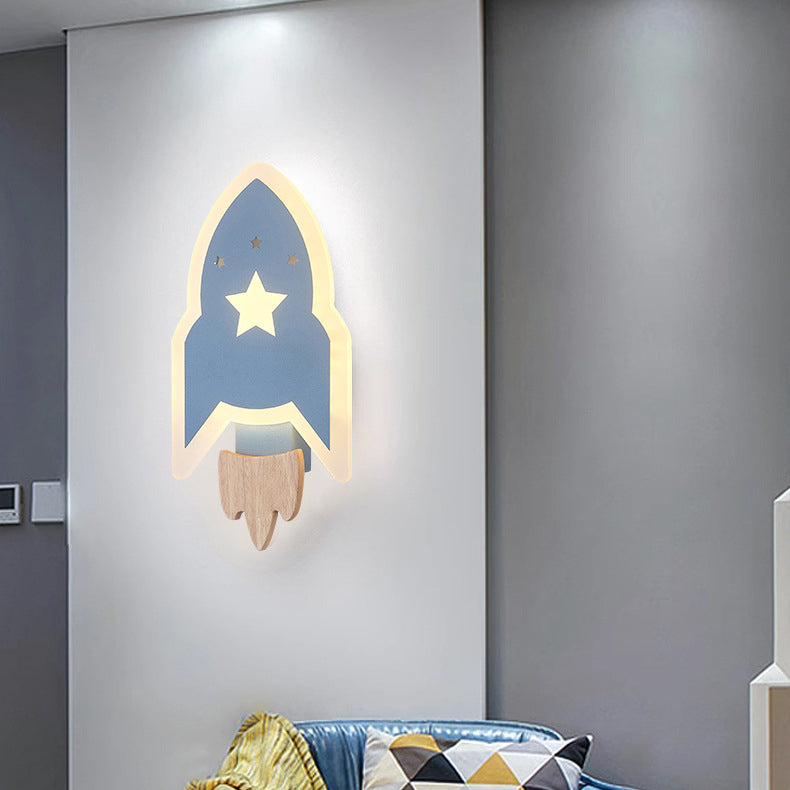 Contemporary Creative Kids Wood Acrylic Rocket LED Wall Sconce Lamp For Bedside