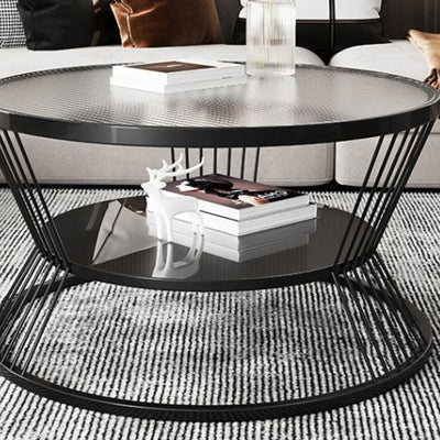 Modern Luxury Round Tempered Glass Coffee Table 2-Tier Storage Shelves For Living Room