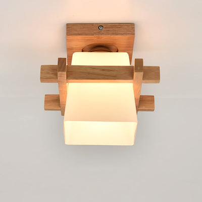 Traditional Japanese Wood Frame Glass Column 1-Light Semi-Flush Mount Ceiling Light For Living Room