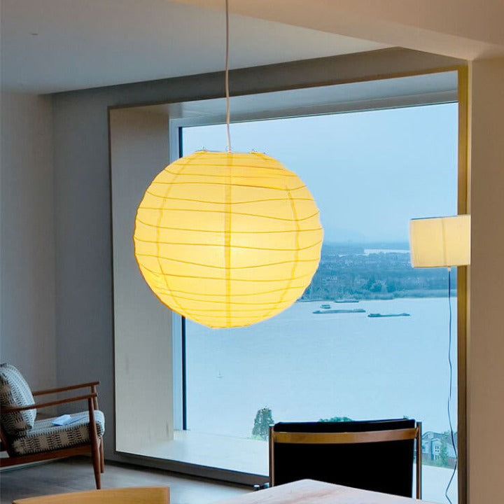 Traditional Rustic Beige White Rice Paper Lantern Shade 1-Light Pendant Light For Living Room