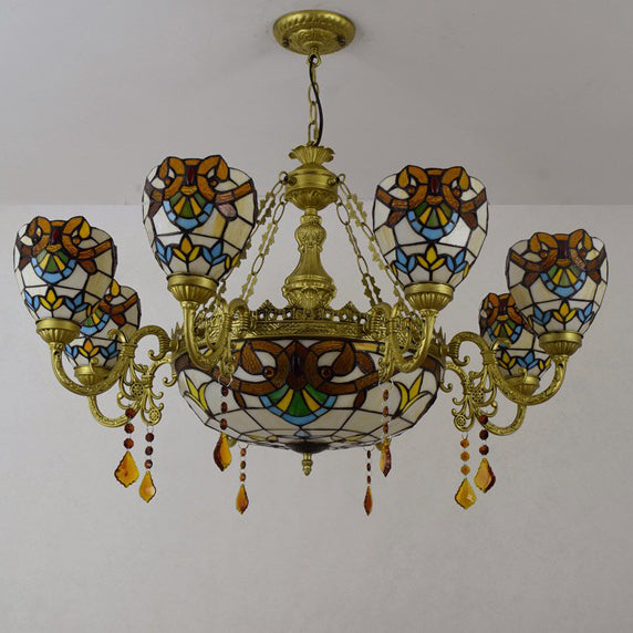 Traditional Tiffany Bead Dome Baroque Iron Glass Alloy 8/11 Light Chandeliers For Living Room