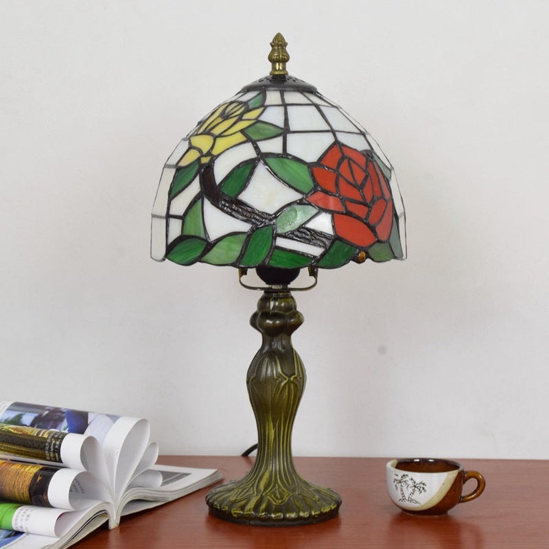 Traditional Tiffany Stained Glass Rose Flower Cone Dome 1-Light Table Lamp For Bedroom