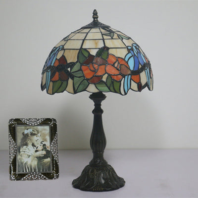 Traditional Tiffany Stained Glass Rose Flower Parrot Dome 1-Light Table Lamp For Bedroom