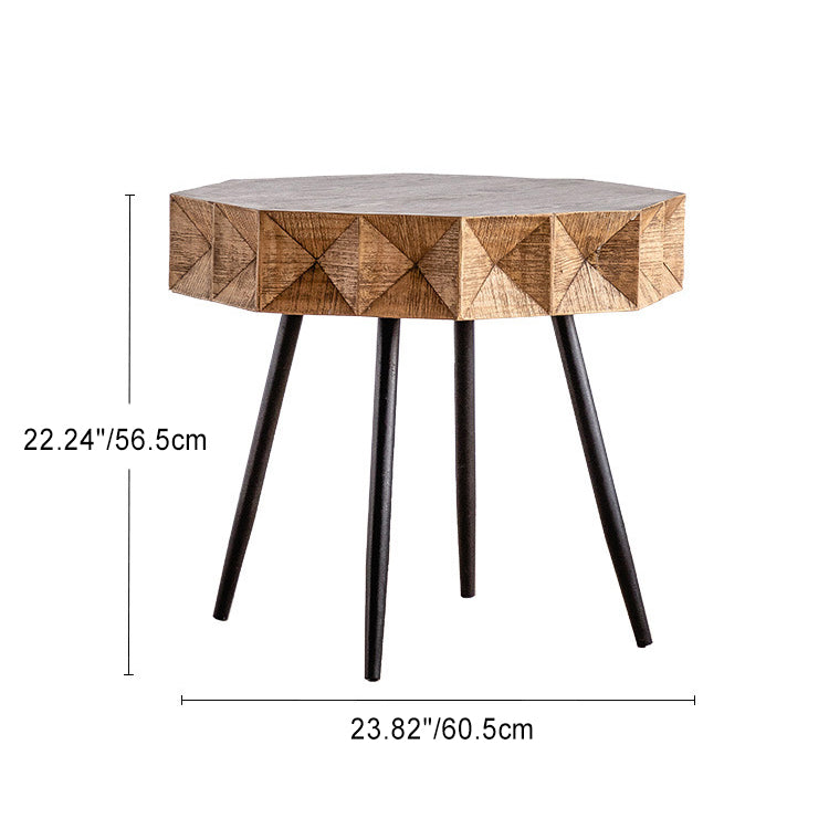 Traditional Vintage Geometric Polygon Distressed Wood Grain Iron Splayed Legs Side Table For Living Room