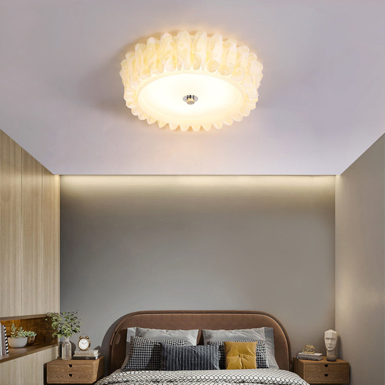 Contemporary Nordic Iron Acrylic Round Pleat Lace LED Flush Mount Ceiling Light For Bedroom