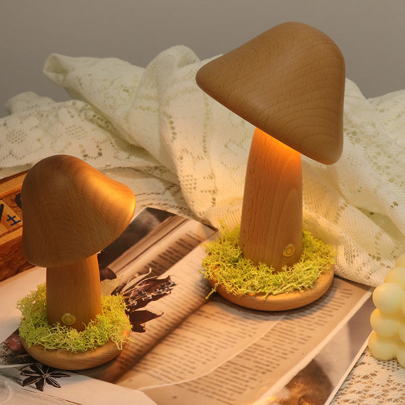 Modern Art Deco Mushroom Round Solid Wood LED Table Lamp For Bedroom