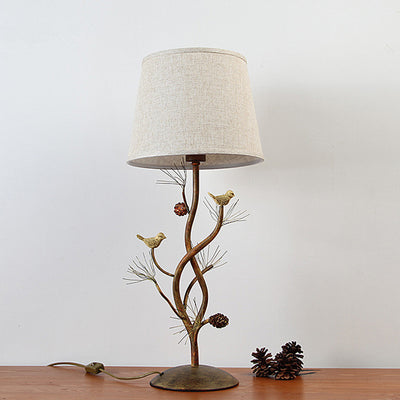 Modern Art Deco Fabric Shade Pinecone Bird Iron Base 1-Light Table Lamp For Bedroom